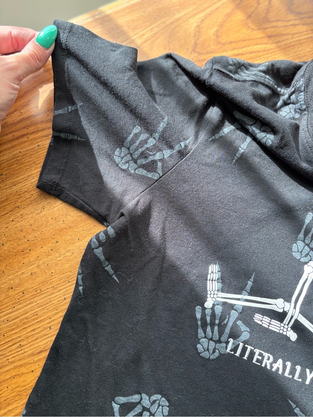 Women’s Black Graphic Tee with Skeleton Print - "Literally Dead Right Now" - Picture 5 of 6